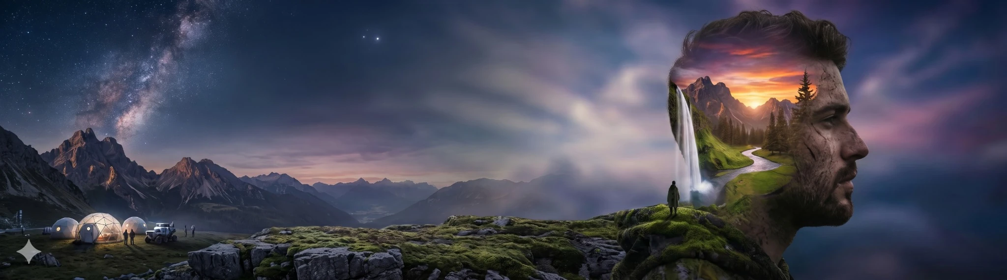 Panoramic night-sky mountain landscape and a contemplative portrait containing a waterfall and sunset valley