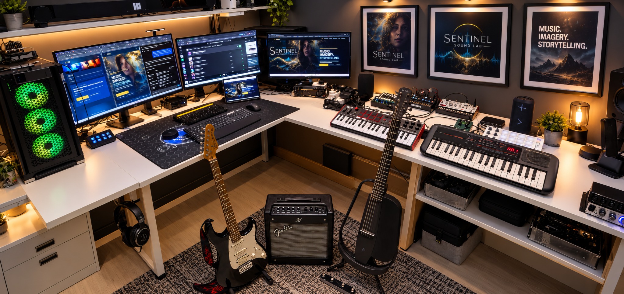 The Sentinel Sound Lab production workspace, with synthesizers, keyboards, a music looper, recording screens and framed Sentinel artwork
