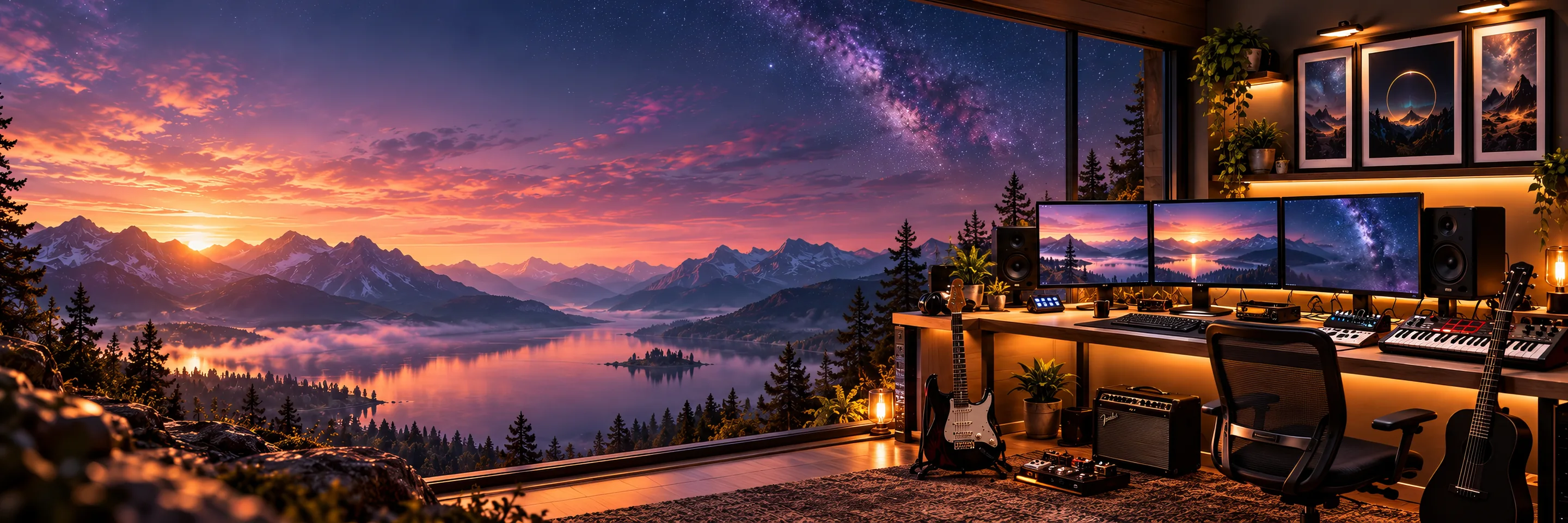 Expansive cinematic sunset over a mountain lake blending into a warmly illuminated music studio with guitars, synthesizers and production monitors