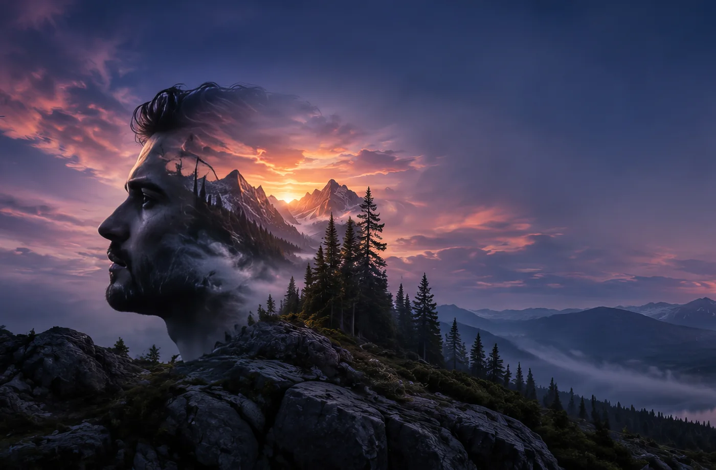 Cinematic portrait merging with mountains above a twilight lake